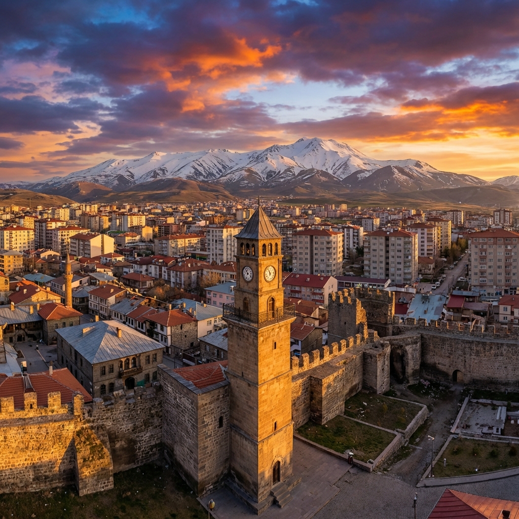 Erzurum Kalesi Saat Kulesi ve Palandöken Dağı Panorama Manzarası